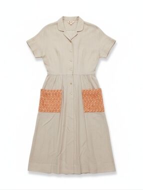Vintage 50s L'Aiglon Linen Embroidered Shirt Dress Tan Orange Floral Button